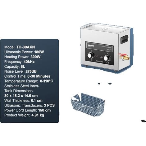 Nettoyeur Ultrasonique, Chauffage Réglable, Fréquence 40kHz, 6L (1/2)