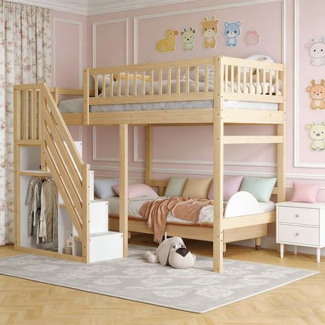 Lit mezzanine 140x200 - Escalier avec armoire - Bois massif - 2 places - Style scandinave (1/5)