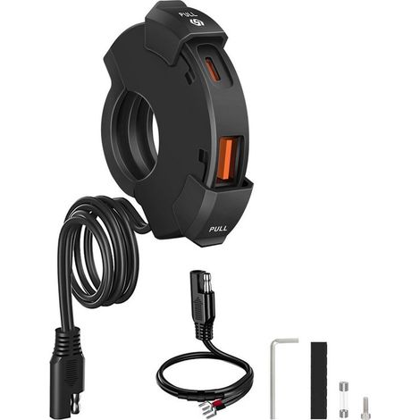 Cargador USB para motocicleta: carga rápida con QC 3.0 y PD Tipo C, cargador de coche impermeable para vehículos de 12V/24V (1/5)