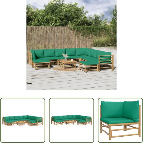 Bambusmöbel - 11-tlg. Garten-Lounge-Set mit Grünen Kissen Bambus (1/5)