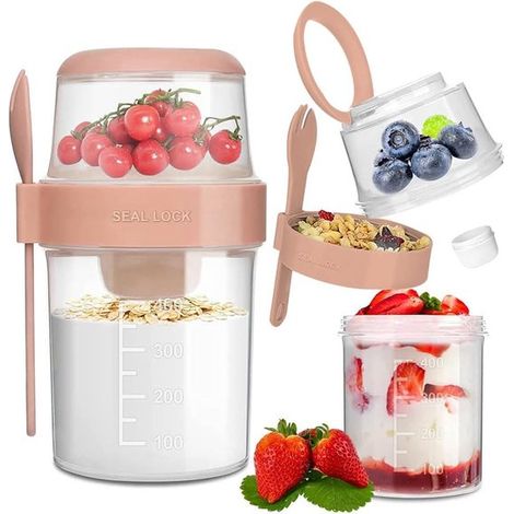 Vaso para ensalada, 1 pieza, Con asa, Vasos, Vasos para beber, Doble capa, Reutilizable, cereales, fruta, yogur, leche y aperitivos, Rosa (1/5)