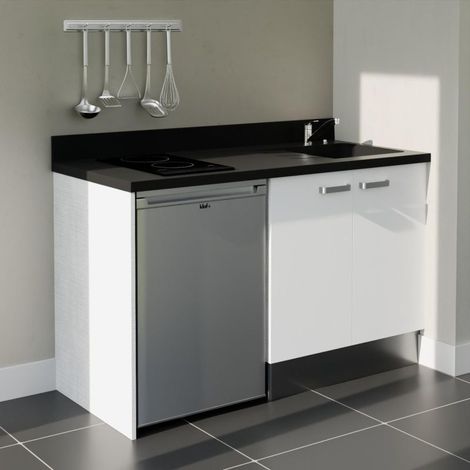Kochnischen K17L - 140 cm - weiß - Nero - Spüle rechts + Haushaltsgeräte Edelstahl
