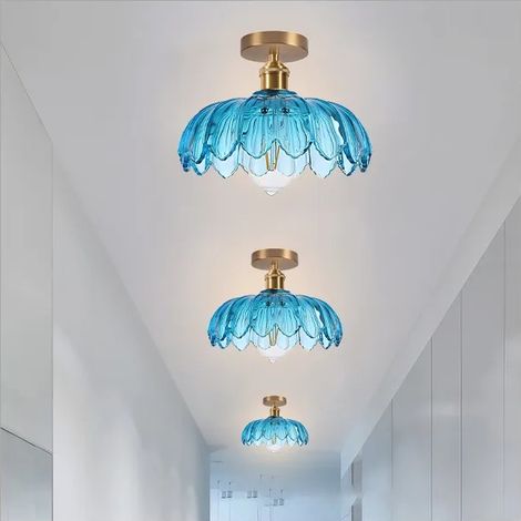 3x Plafonnier Moderne,25cm Lampe de Plafond Vintage Abat-jour en Verre Design Fleurs E27 Lustre Rétro pour Salon Chambre,Bleu (1/5)