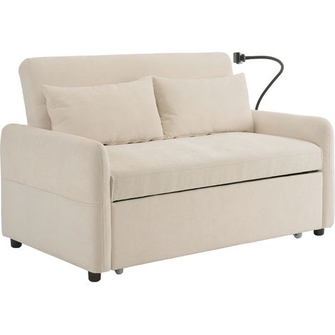 Convertible Sofa 2 Plätze aus Chenille mit Einstellbare Rückenlehne, USB, Telefonhalterung und 2 Kissen, Beige (1/5)