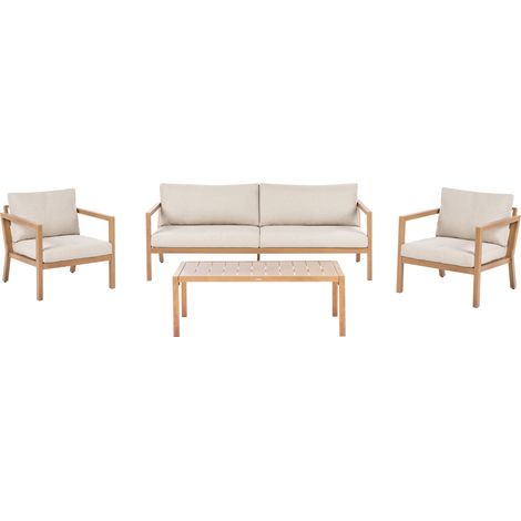 Conjunto moderno de sofás y mesa de jardín 5 plazas con estructura de metal imitación madera con transferencia térmica cojines de tela marrón claro Oneta