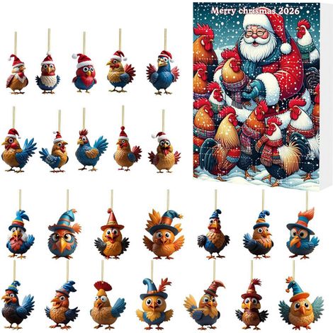 Calendrier de l'Avent 2026, 24 décorations suspendues en acrylique 2D avec motifs de coq et de poule, ornements colorés pour sapin de Noël et décoration festive de la maison (1/5)
