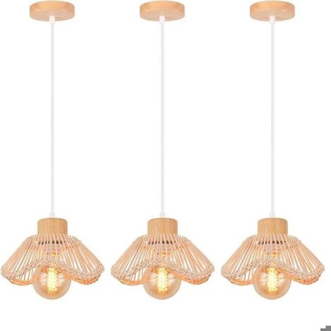 3x Lustre Suspension Moderne,Lampe Luminaire Industriel Abat-jour en Bambou et Bois Plafonnier Style Bohème pour Salon (1/5)