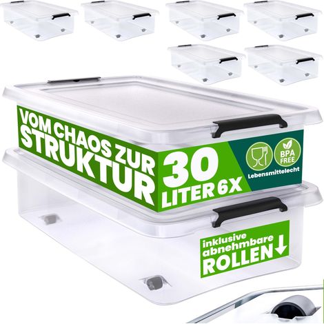 DEUBA® Scatola in plastica Contenitore con Coperchio Impilabile Trasparente Ruote Chiusura a Scatto Salvaspazio Senza BPA 60L/30L 6x 30L (de)