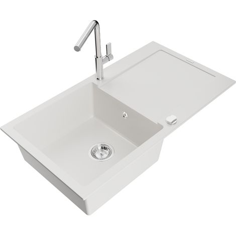 Mexen Leo évier en granit 1 bac avec égouttoir et mitigeur Flora, blanc - 6501-20-670401-00 (1/5)