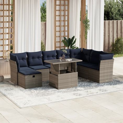 9-teiliges Gartensofa-Set mit Kissen, grau, Polyrattan (1/5)