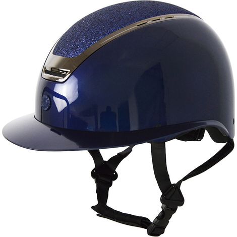 53-56 CM, NERO: Casco da equitazione con calotta e visiera larga lucide e frame brunito con glitter