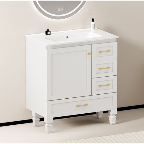 Meuble salle bain 75 cm 1 porte 3 tiroirs blanc OKMYHOME (1/5)