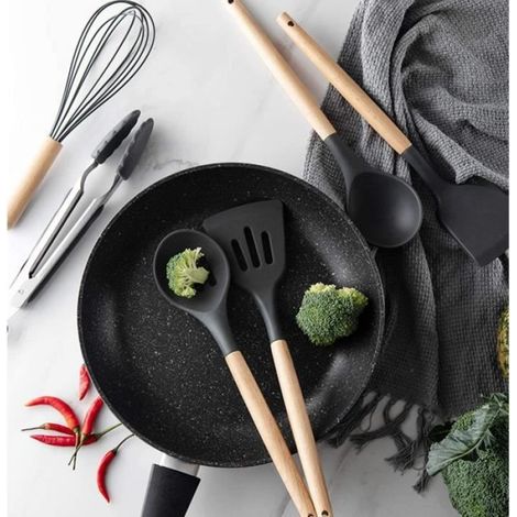 Ustensiles De Cuisine, Bois Silicone PoignÉEs 11 PiEces Avec Support, Ustensiles De Cuisine Non Toxique Bois De Haute Qualite (1/4)