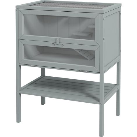 Wooden Hamster Cage 3 Tier House w/ Storage Shelf, Openable Top Gerbils, Grey (1/5)