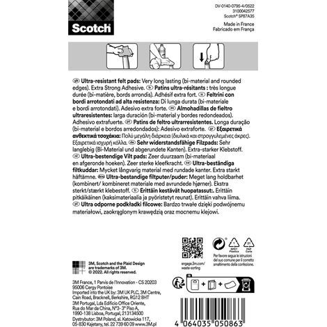 Lot de 3 coussinets de feutre ultra-résistant Scotch®, adhésif, gris/adhésif, blanc, Ø 25 mm, 8/paquet
