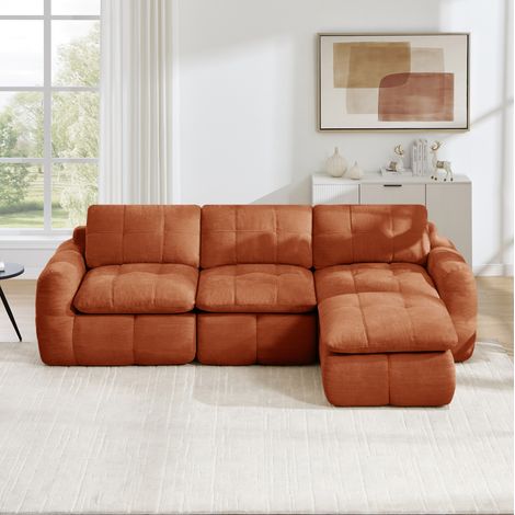 Divano modulare a L 264x160x68 cm, senza telaio con pouf, senza montaggio, in chenille arancione (1/5)