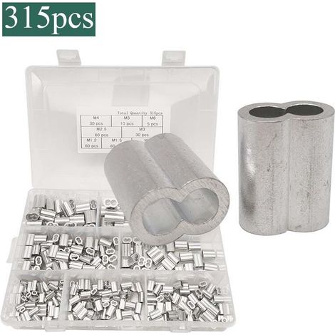 315 pezzi di manicotti in alluminio, terminali per cavi metallici in alluminio, clip a crimpare in alluminio con doppie estremità per cavi metallici, cavi aeronautici, argento