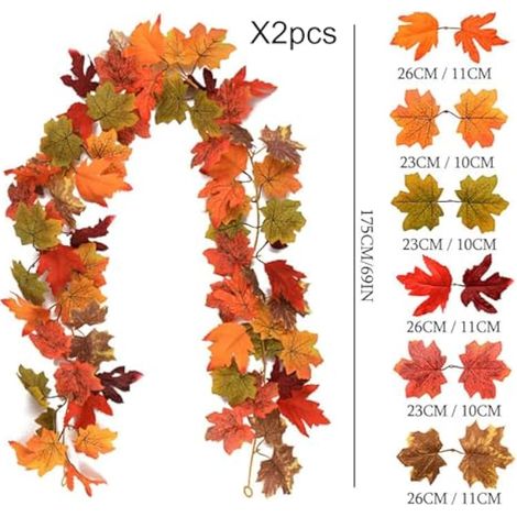Lot de 2 plantes artificielles retombantes, 1,75 m (5,74 pi), fausse plante retombante, feuille d'érable artificielle, guirlande de plantes artificielles pour bureau, mariage, Thanksgiving et Hallowee (1/4)