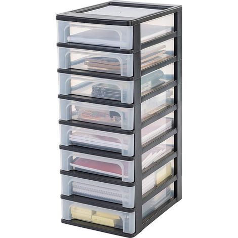 Iris Ohyama, estuche de plástico reciclado A4, 8 cajones pequeños, negro, OCH-2080