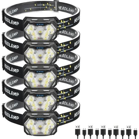 (5 pièces) Lampe frontale LED puissante avec capteur, rechargeable par USB, lampe torche LED pour le camping et la pêche, avec batterie intégrée (1/5)