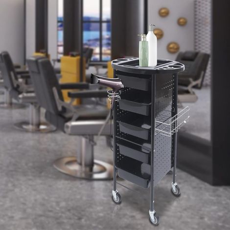 Chariot de rangement pour salon de coiffure, 6 étages, avec roulettes et 5 tiroirs, pour coiffure, coloration, noir (1/5)