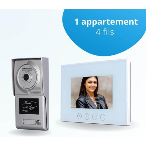Portier interphone vidéo CLASSIC 4 Fils - 1 appartement - 1 écran blanc 7" - avec mémoire photos - avec lecteur de badge