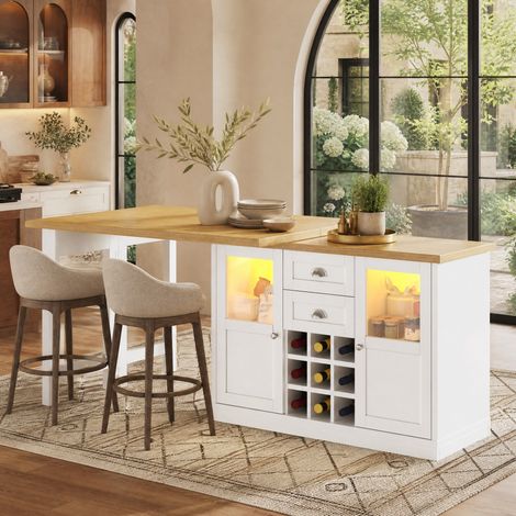 Mesa de comedor extensible 120-197 cm giratoria 360°, LED, almacenaje, blanco DESVIAE (1/5)