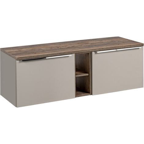 Meuble Double Salle de Bain avec Plateau L 140 cm x P 46 x H 48,5 cm - Taupe et poignées chromées - Rosario - Livraison gratuite