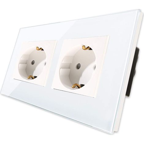 [PRODUIT RECONDITIONNE] CNBINGO Douille Double 16A avec Plaque en Verre Durci Blanc, Protection Enfant, Matériau Ignifuge, Prise Schuko Standard