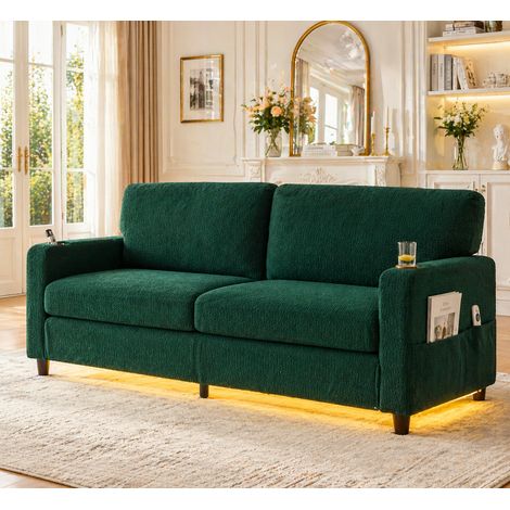 Moderner 2-Personen Chenille-Sofa mit USB-C, LED-Ambiente, Getränkehaltern und Seitentaschen. Holz/Metall-Rahmen mit Komfortschaum. Ideal für Wohnzimmer, Schlafzimmer oder Büro. Smaragd