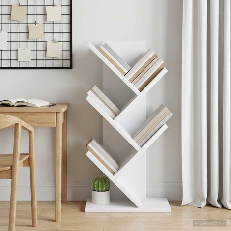 Étagère à livres arbre 4 niveaux en bois d’ingénierie blanc 30 x 18 x 60 cm - PANGIVO (1/5)