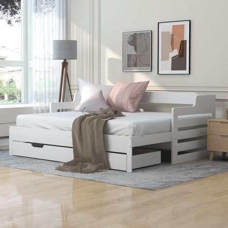 White Cabin Bed with Trundle and Storage Drawer-90x190cm-Ideal for Living Room or Bedroom