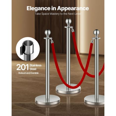 Poteau de guidage, 4 pcs, barrière de balisage pour contrôle de foules, avec base creuse, 2 cordes velours rouge et poteaux argentés en acier inox, pour file d'attente en public, hôtel, fête (1/5)