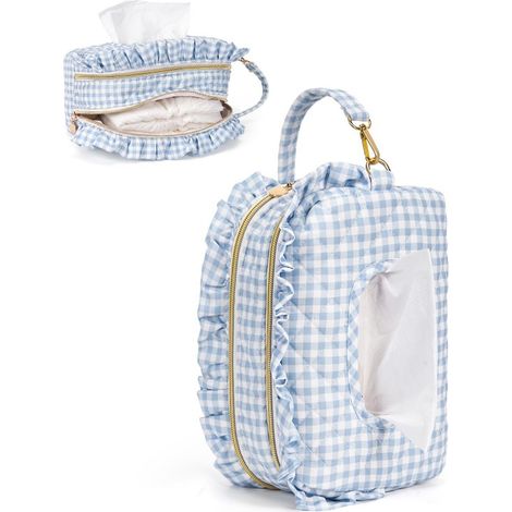 Sac organisateur de mouchoirs matelassé à carreaux Gingham volants bleu clair, poche distributeur portable et suspendue pour voiture et poussette (1/5)