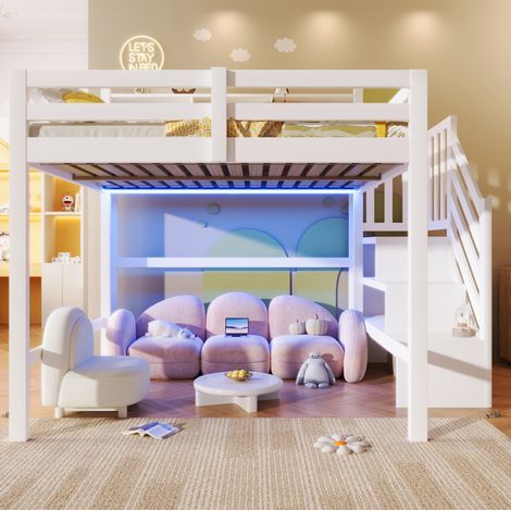 DESVIAE Lits superposés 140 x 200 cm avec led escalier de rangement espace de rangement sous le lit garde corps en pin blanc pour chambre d enfant (1/5)