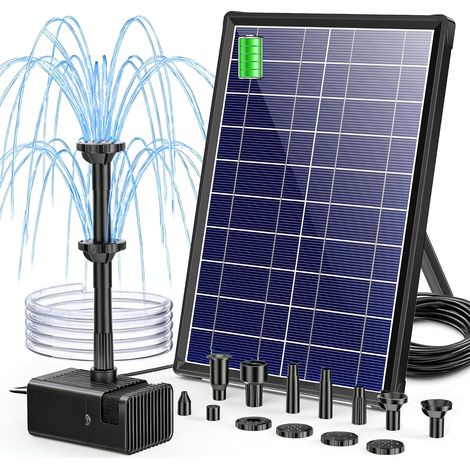 Solar Pond Pump with Battery, 8W, 300L/H, Quiet, with 8 Nozzles, Outdoor Solar Fountain with Outflow Pipe for Garden Ponds, Ventilation up to 500L (1/5)