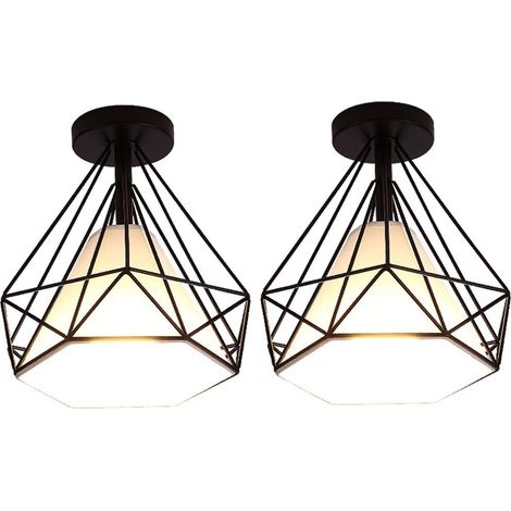 2 Stück Deckenleuchte Industrielle Retro Deckenlampe aus Eisen Lampenschirm in Diamant Käfig E27 für Flur Küche Wohnzimmer Schlafzimmer (Schwarz)
