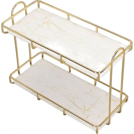 Étagère de salle de bain à 2 niveaux, à poser, avec séparateur, support cosmétique, dorée, petite, 31 x 23 cm (1/5)
