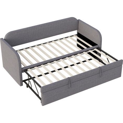 Lit rembourré, canapé-lit extensible 90/180190 cm, avec rayures verticales, avec sommier à lattes, lit multifonction, tissu en lin confortable et respirant, gris (matelas non inclus) (1/5)