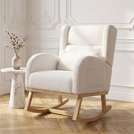 ADWOLT Fauteuil à Bascule- Rocking Chair avec rangement de poche -Chaise à bascule avec support lombaire -Style Scandinave - Blanc-65 x 92 x 89 cm-Tissu Laine d'agneau (1/5)
