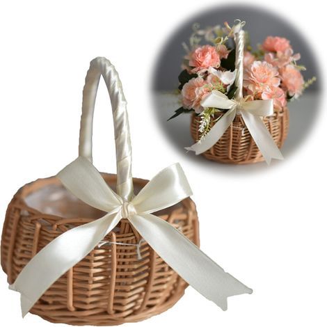 Panier en osier tressé à la main avec poignée et doublure en plastique, petit panier décoratif pour fleurs, idéal pour les décorations de Pâques, ornements de jardin, beige. (1/5)