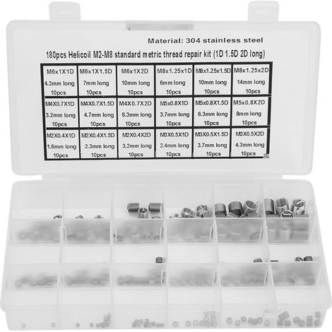Lot de 180 inserts filetés en acier inoxydable pour réparation de filetage M2 à M8 (1/5)