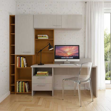 Angolo studio multifunzionale con libreria a profondità variabile e cassettiera integrata - Rovere rock