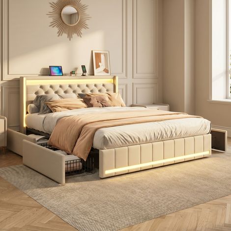 Polsterbett 140x200 cm, Doppelbett mit LED-Beleuchtung und USB-Ladestation, Modernes Stauraumbett mit 4 Schubladen, Bettgestell mit Kopfteil und Lattenrost, Leinen Beige, Ohne Matratze