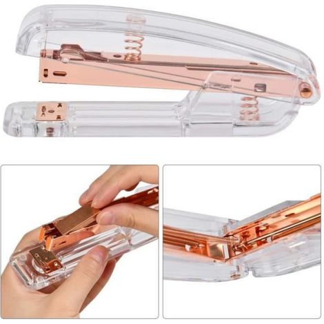 Agrafeuse - Bureau - Acrylique Transparent - Rose et Or - 1000 Agrafes - Capacité 25 Feuilles (1/4)