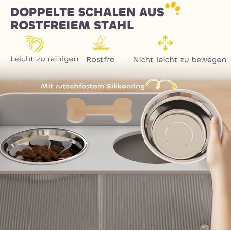 Distributeur de croquettes surélevé avec 2 gamelles en inox, meuble de rangement en MDF gris, motif os, pour chien et chat. (1/5)