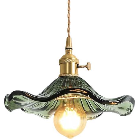 Suspension avec abat-jour en verre en forme de feuille de lotus, style industriel vintage E27, lampe suspendue de plafond, ferme, salle à manger, îlot de cuisine, lustre (Vert) (1/5)