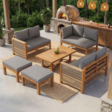 8-Sitzer Gartenmöbel aus Akazie mit Tisch, 3 Sofas, 2 Hockern und komfortablen Kissen, Grau