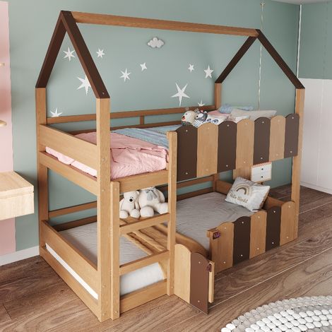 Kinder-Etagenbett Hausform mit Sicherheitsgeländer und Tür, Hochbett 90x200 cm mit Lattenrost, Spielbett für Jungen und Mädchen, Holzfarbe (1/5)