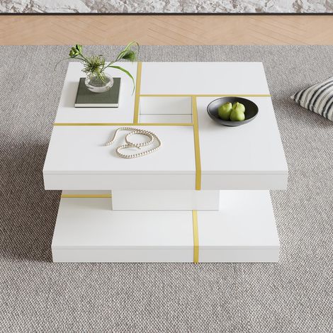Mesa de centro cuadrada 80x80x38 cm - Mesa de café con doble estante y detalles en metal dorado estilo moderno para salón - Blanco (1/5)